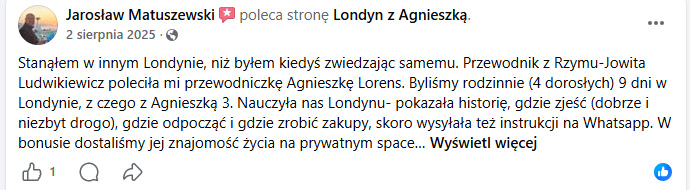 Opinia klientki o wycieczce po Londynie z Agnieszką